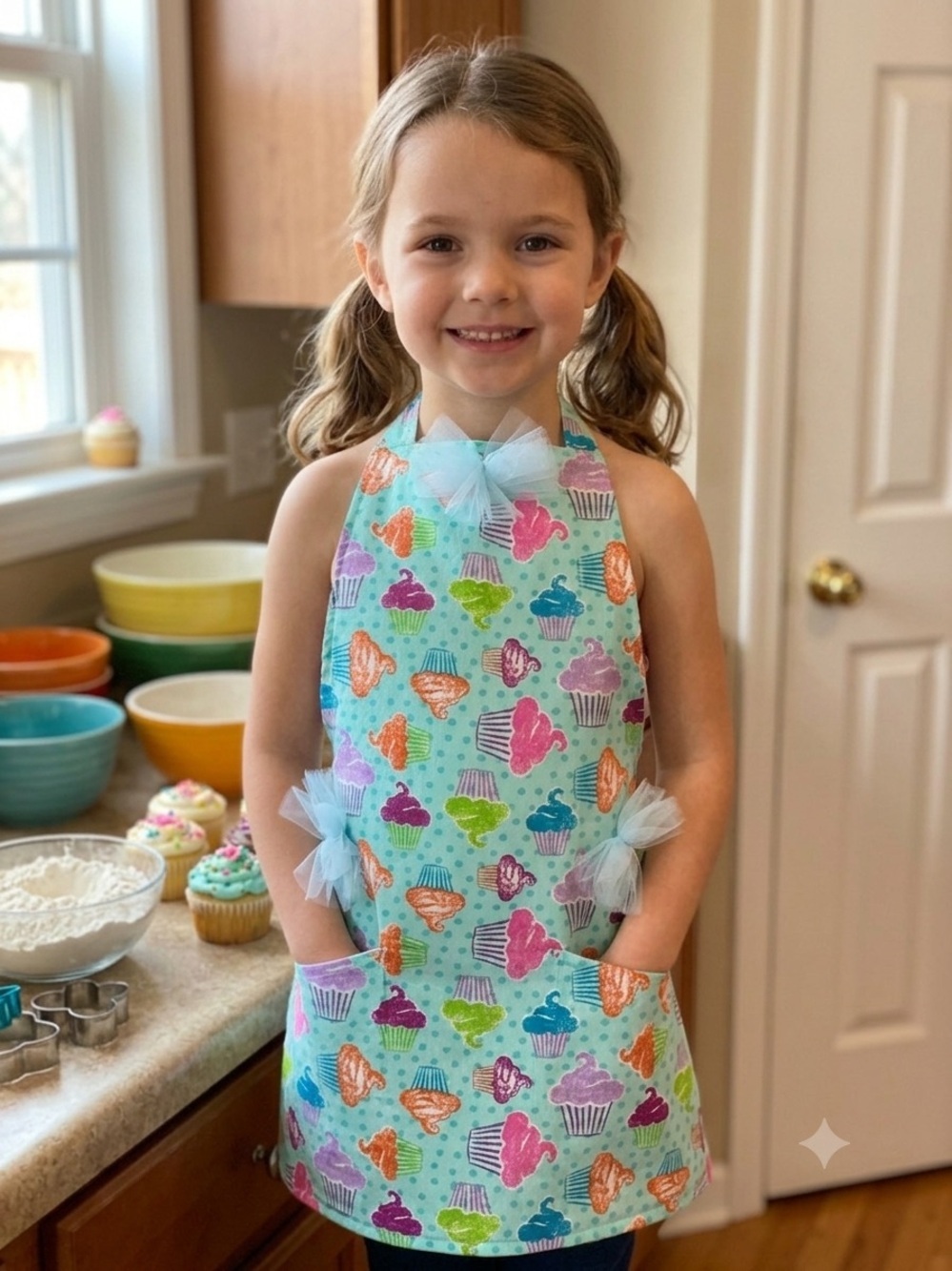 2005 - Cupcake Print Aqua Baking Apron with Tulle Accents